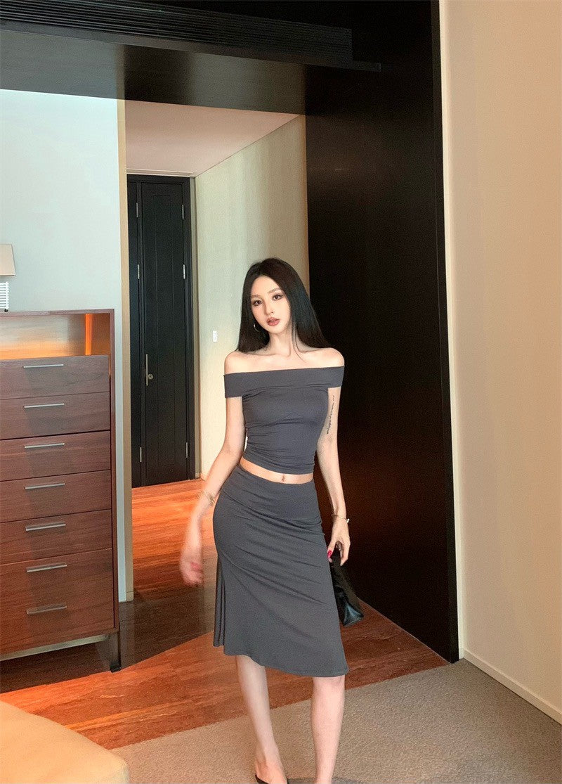 25Sep. 輕熟御姐一字領七分裙套裝 灰