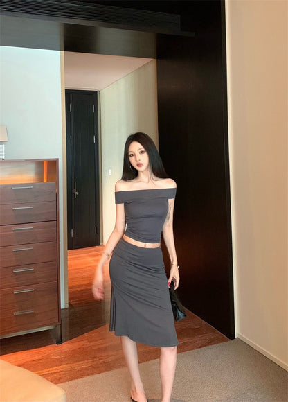 25Sep. 輕熟御姐一字領七分裙套裝 灰