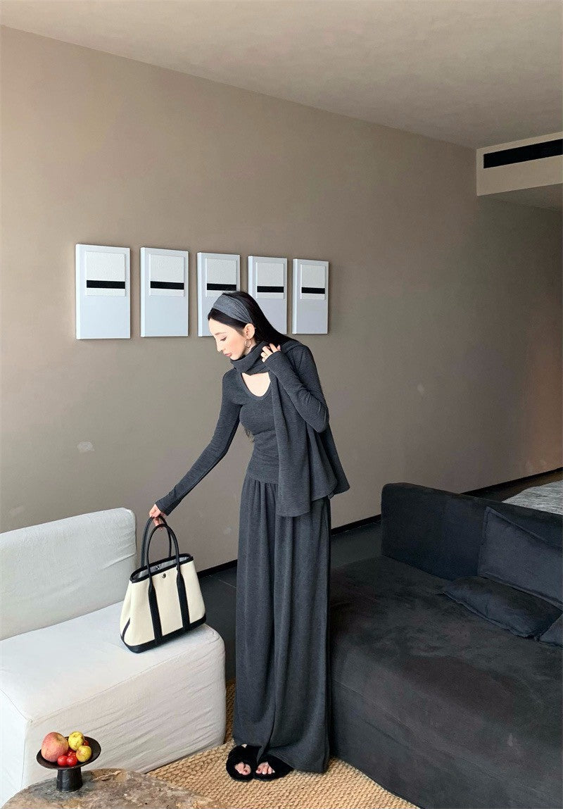 25Dec. 舒適至上多用式披肩U領長袖打底休閒褲三件套 灰