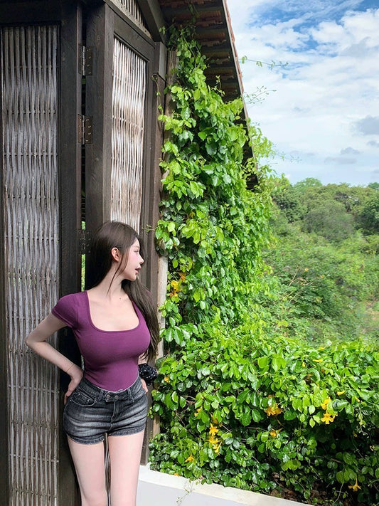 25Jul. 慵懶假日 自帶胸墊好身材短袖上衣 深紫色/灰藍色