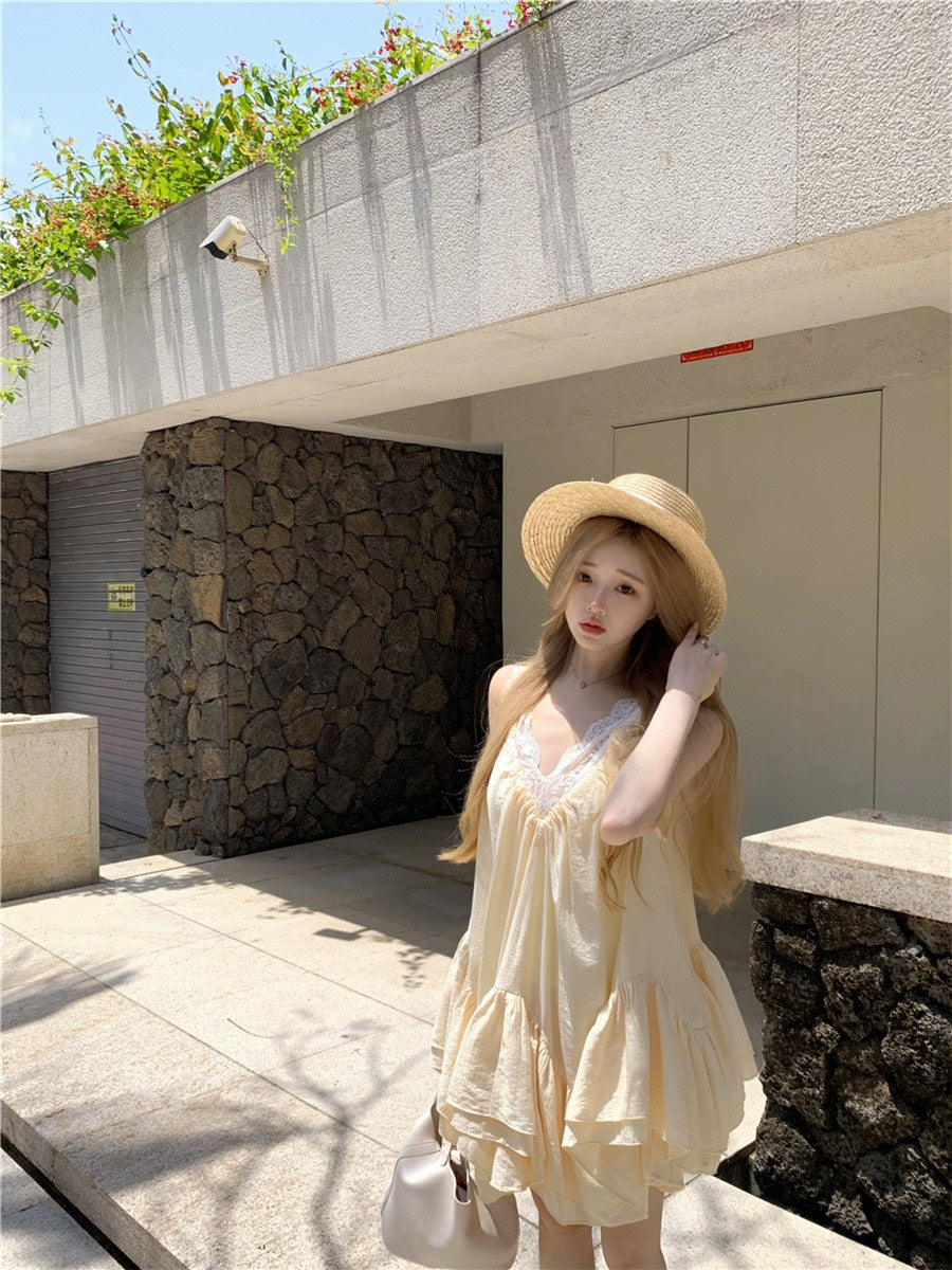 Jun. 花語呢喃 露思款甜美V領洋裝 奶黃  （蕾絲背心單獨選購）