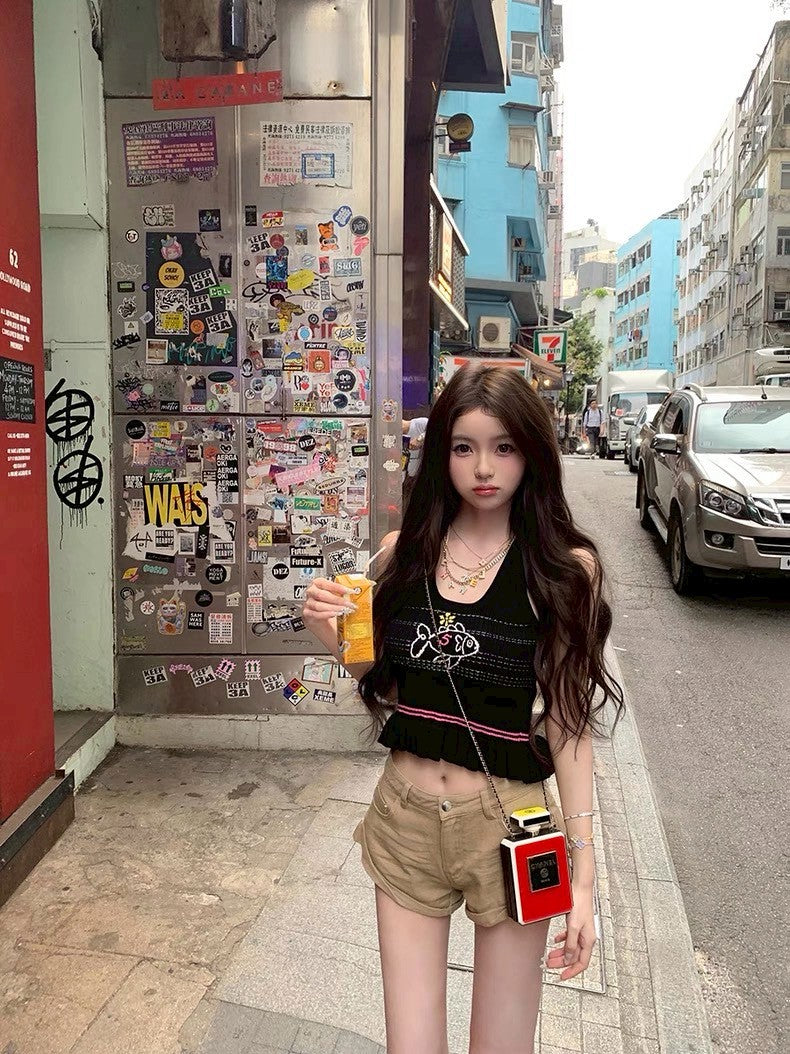 Jun. 童趣魚兒刺繡 收腰花瓣針織背心 黑