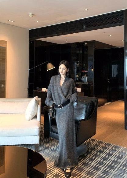 25Nov. 韓系溫柔多穿開襟袍針織半身裙套裝 杏/灰