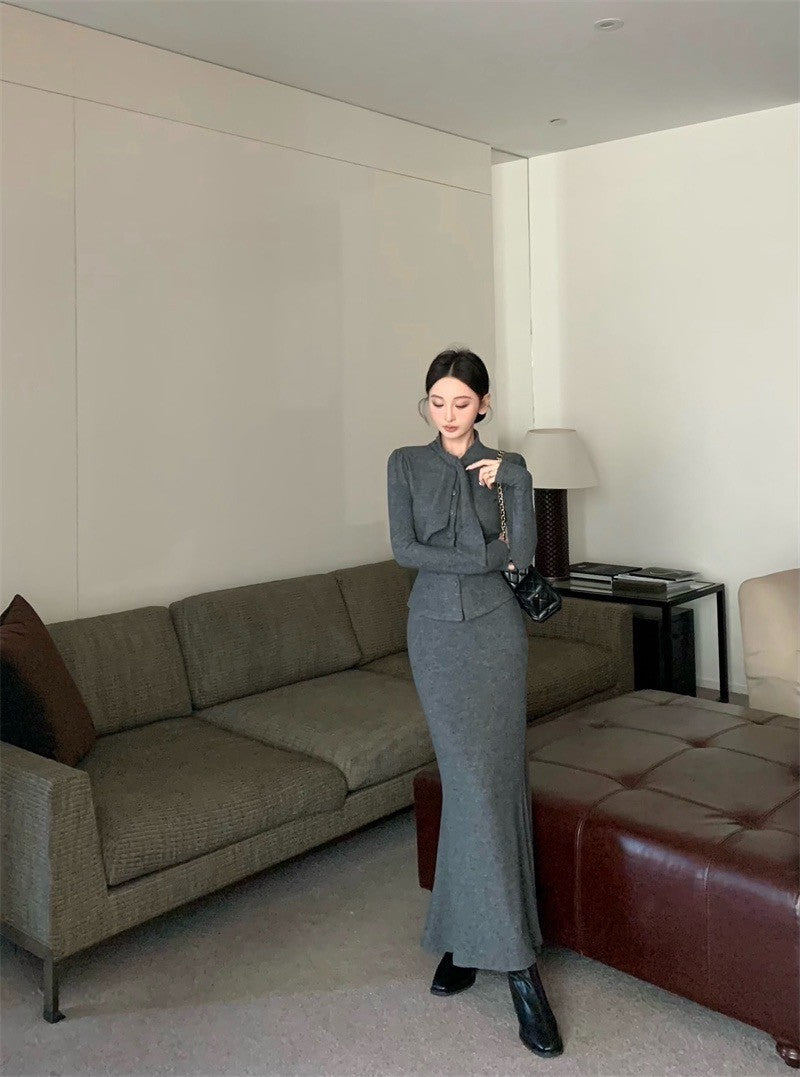 Feb. 氣質雅模 赫本領排扣針織外套半身裙套裝 灰