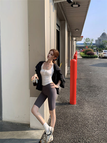 Jun. 美式寬鬆輕薄防曬連帽工裝外套 黑色