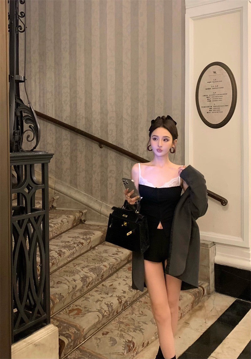 Apr. 美式舞蹈生 蕾絲拼接撞色西裝背心 灰/黑