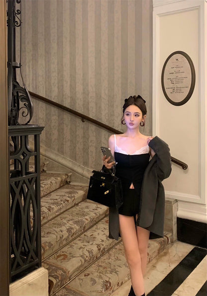 Apr. 美式舞蹈生 蕾絲拼接撞色西裝背心 灰/黑