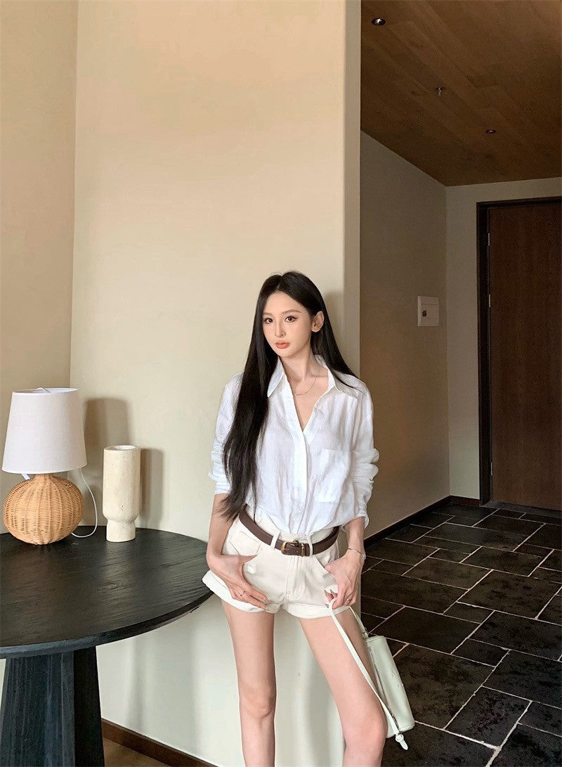 25Aug. LUP休閒王牌亞麻襯衫 翻摺休閒短褲 米白色系