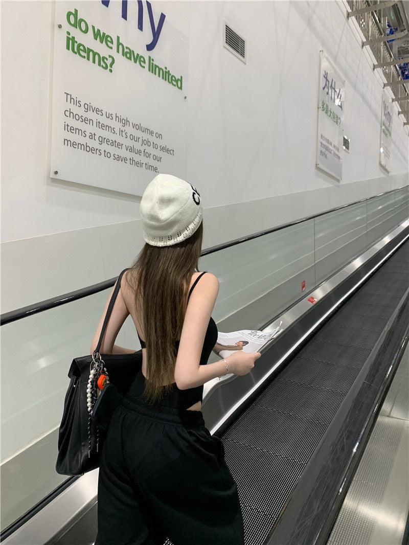 Jun. 歐美辣妹top高腰連體背心 鬆緊休閒褲 黑