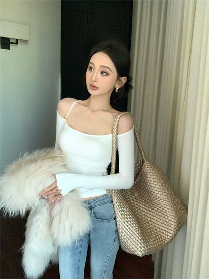 Jan. 歐美女無法抗拒 溫柔露肩彈力上衣 白/黑