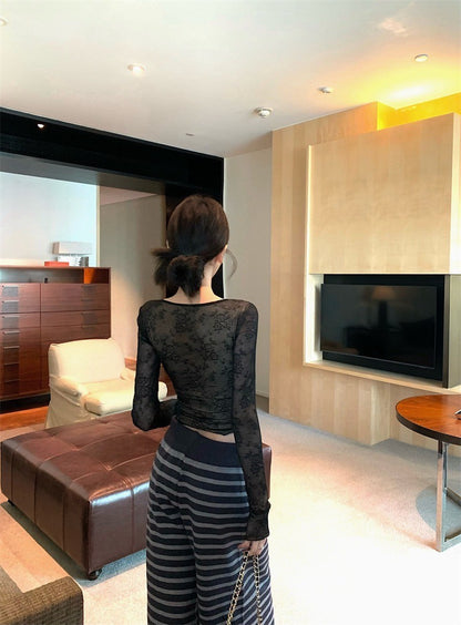 Feb. 氣質御用 性感純欲蕾絲V領修身上衣 黑