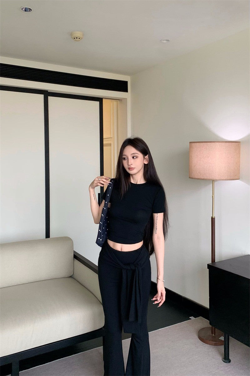 26Jun. 美式緊身圓領綁帶休閒褲套裝 灰/黑