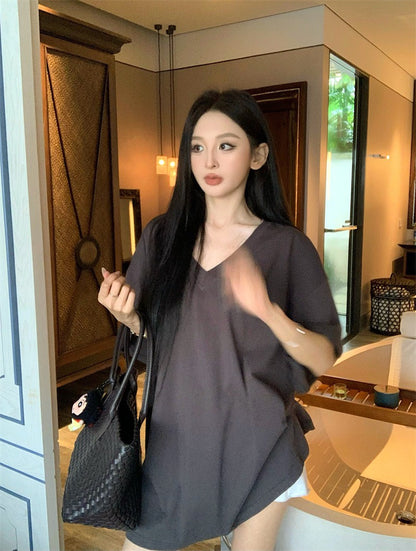 Jun. 在家舒適穿美式寬鬆中長款短袖上衣 灰