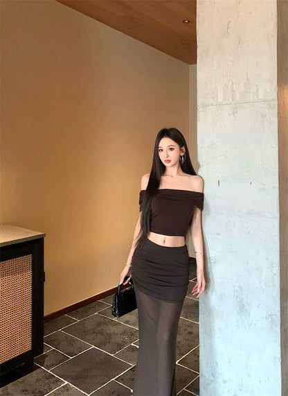 Jun. 淺辣girl 復古一字領透紗半身裙套裝 咖