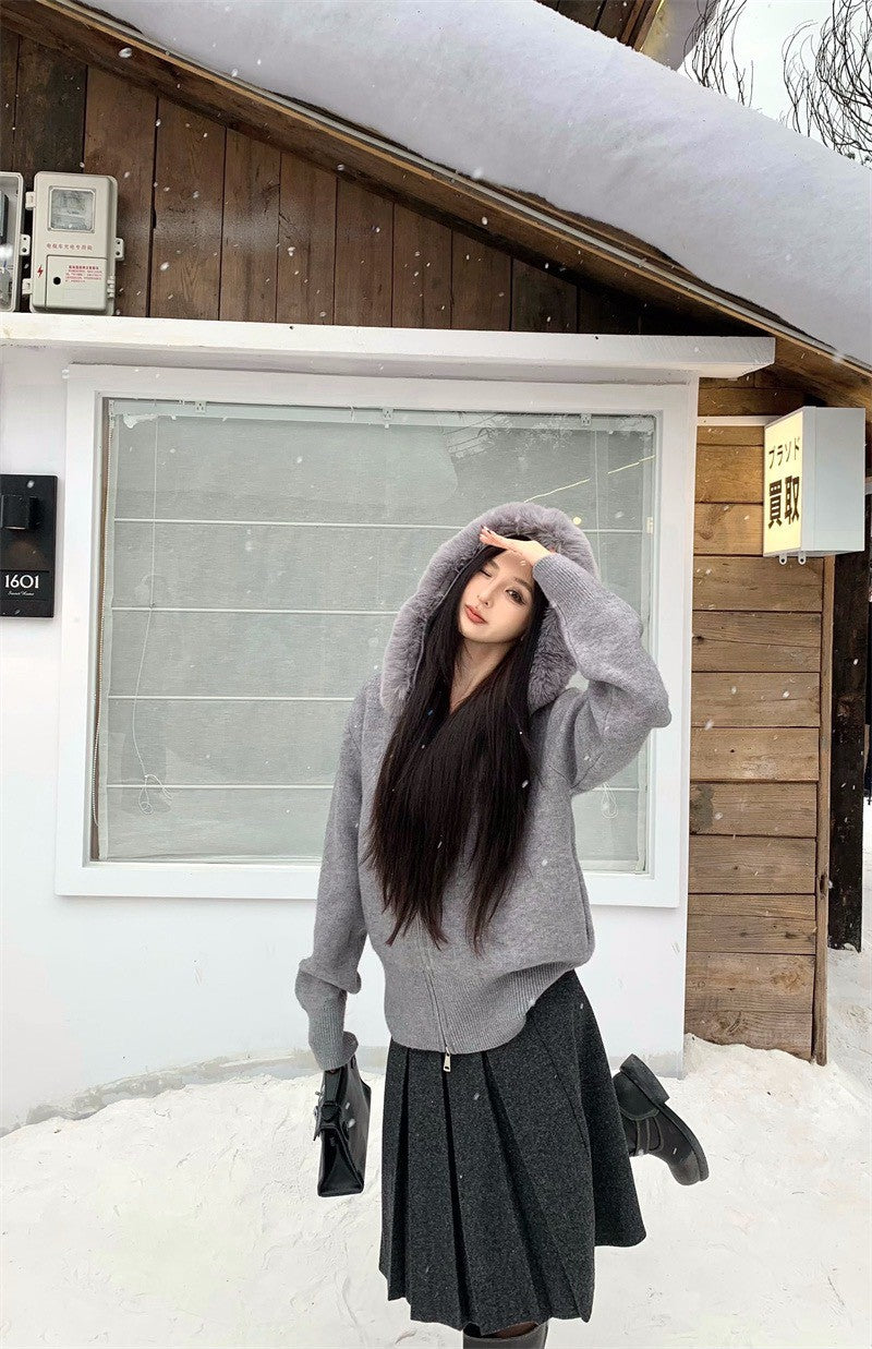 25Dec. 可拆卸奶油針織毛帽外套 杏/灰