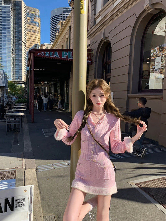 25Nov. 25B粉藍花楹 氣質織紗袖針織半身裙套裝 粉