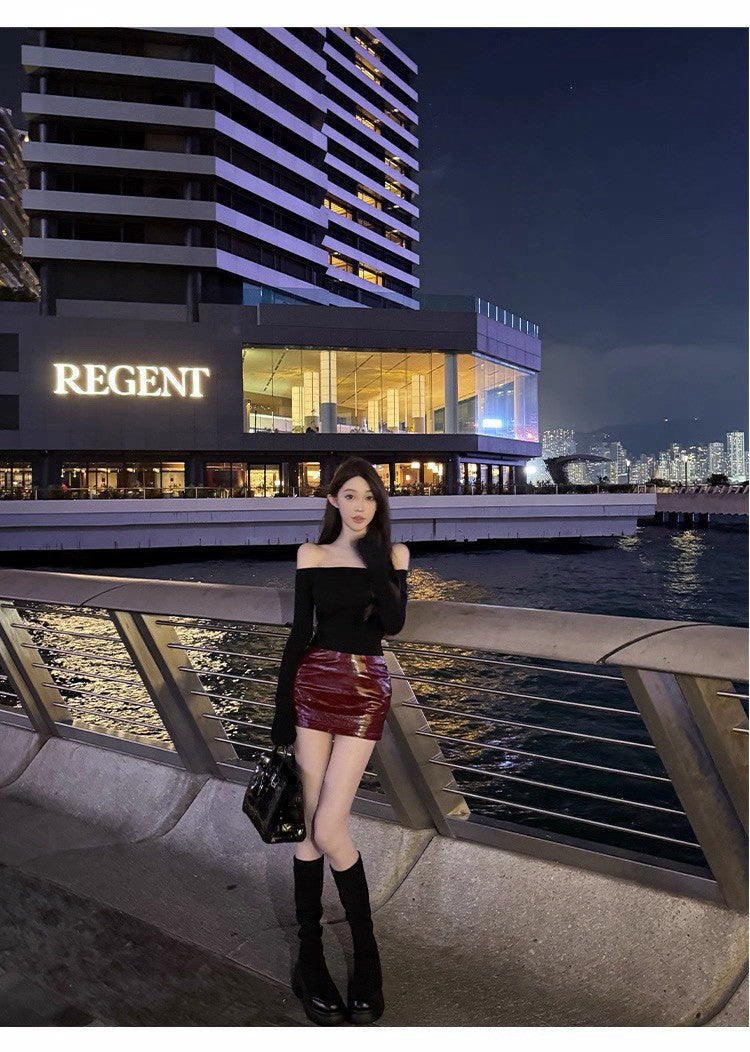 25Dec. 純慾特調 冬款豎坑高彈一字領上衣 白/黑