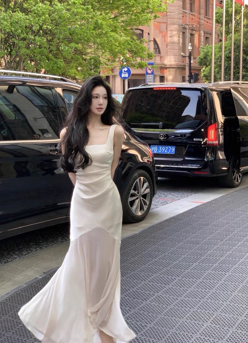 26Apr. 古希臘女神高級拼接魚尾緞面裙 杏白