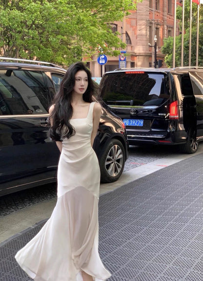 26Apr. 古希臘女神高級拼接魚尾緞面裙 杏白