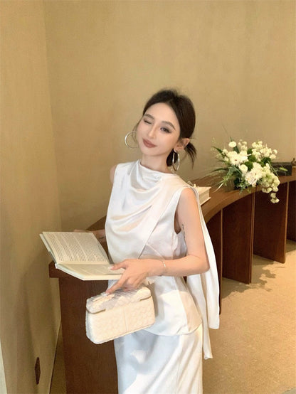 Jun. 羅馬Intellectual新法式緞感飄帶背心半身裙套裝 白杏