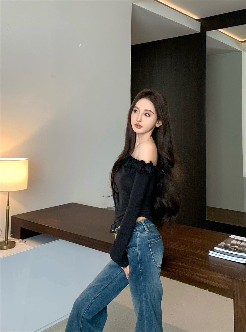 May. 花瓣少女 顯瘦一字領花邊修身上衣 黑色