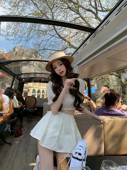 Jun. 夏日綿綿冰 浪漫甜美U領泡泡上衣半裙套裝 白