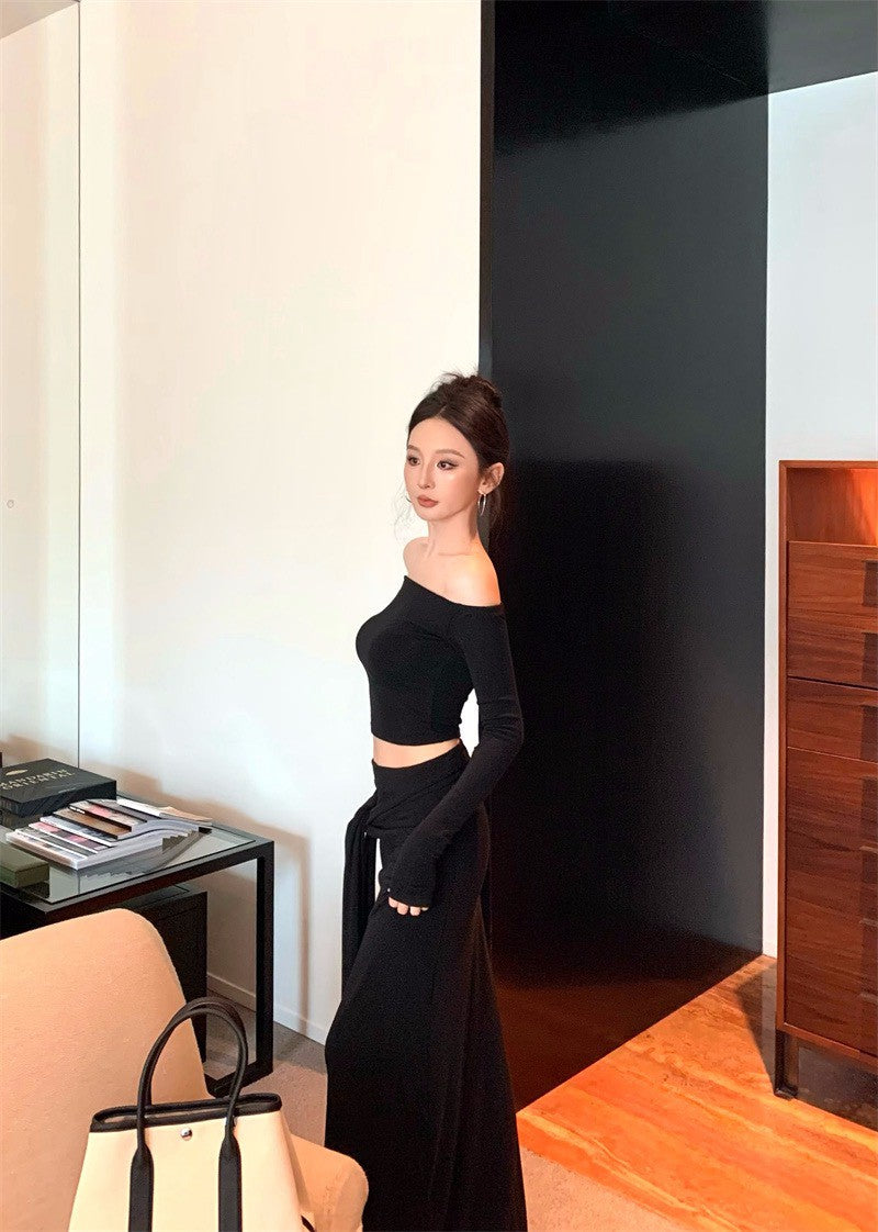 26Jan. 歐美身材比一字領貼身綁帶半身裙套裝 杏奶/黑