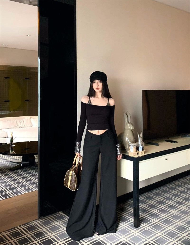 25Nov. 璀璨奪目假兩件式亮片拼接上衣 黑