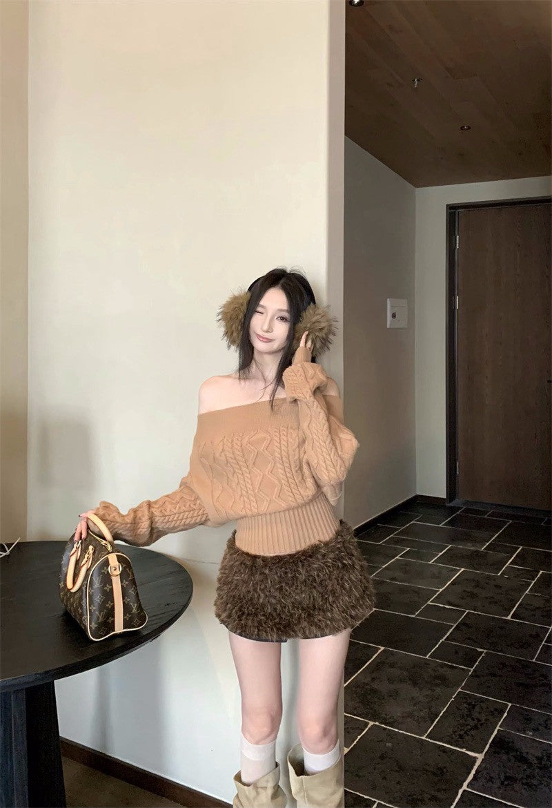 26Jan.精緻姐姐兩穿高彈麻花針織上衣 辣妹毛毛褲裙 咖