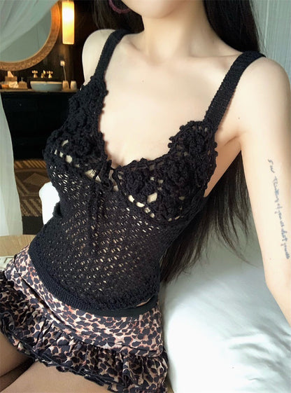 Jun. 島嶼渡假粗鈎織花背心 黑/紅