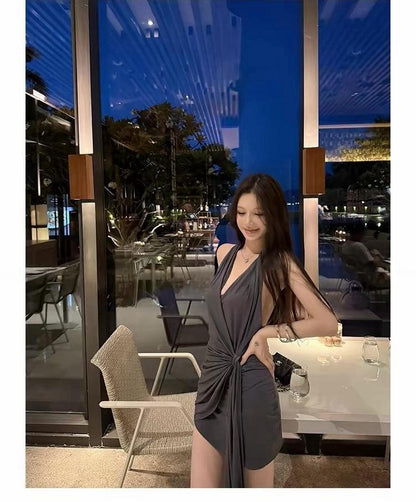 26Jul. 歐美純慾掛脖繫帶裙 雅灰