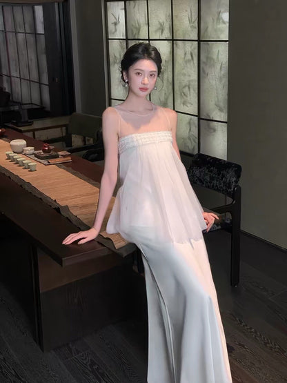 26Jul. 冰澗 柔霧感手工白紗繡珠連身裙/套裝 白
