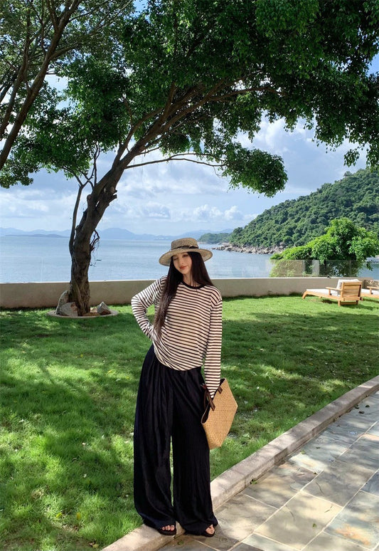 25Aug. 元氣少女休閒條紋長袖上衣 黑色休閒褲