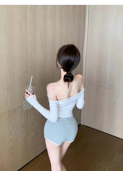 May. 神仙小t 一字領純欲短款上衣 白