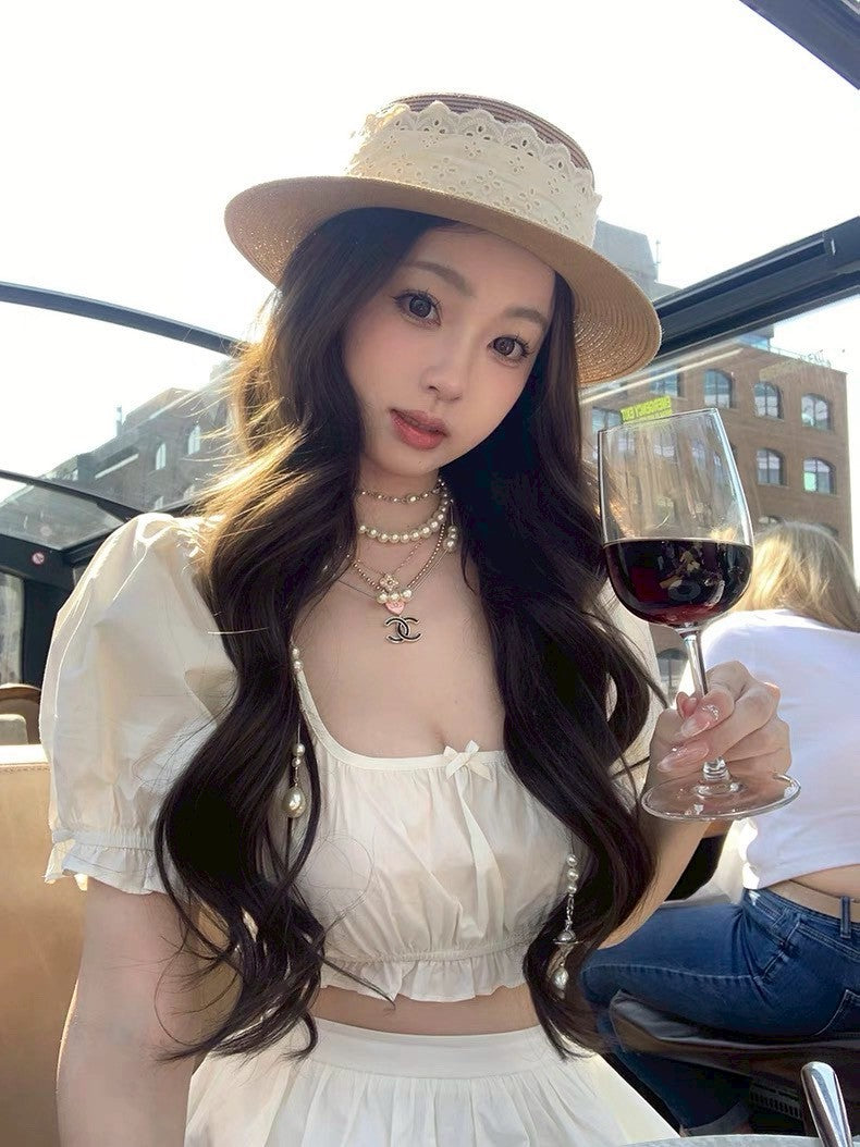 Jun. 夏日綿綿冰 浪漫甜美U領泡泡上衣半裙套裝 白