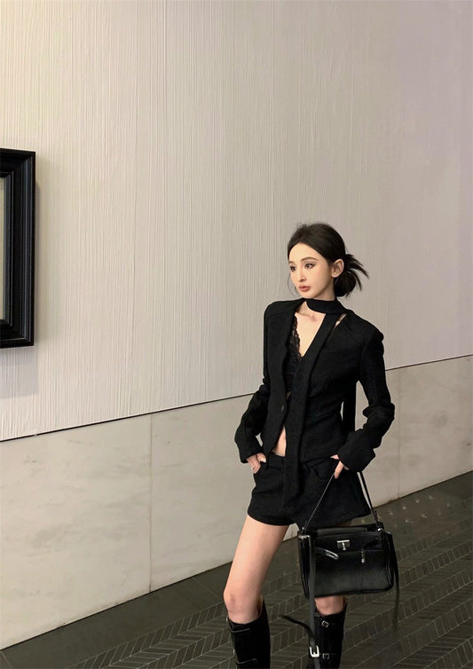 26Jan. 復古收腰西裝飄帶低腰短褲套裝 灰/黑