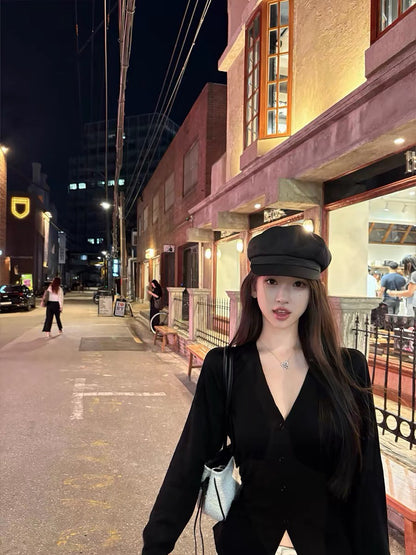 26Jul. 氣質水羊絨收腰泡泡袖針織開衫 杏/綠/黑