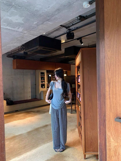 25Aug. 韓韓柔軟仿麻定染條紋休閒褲 淺灰