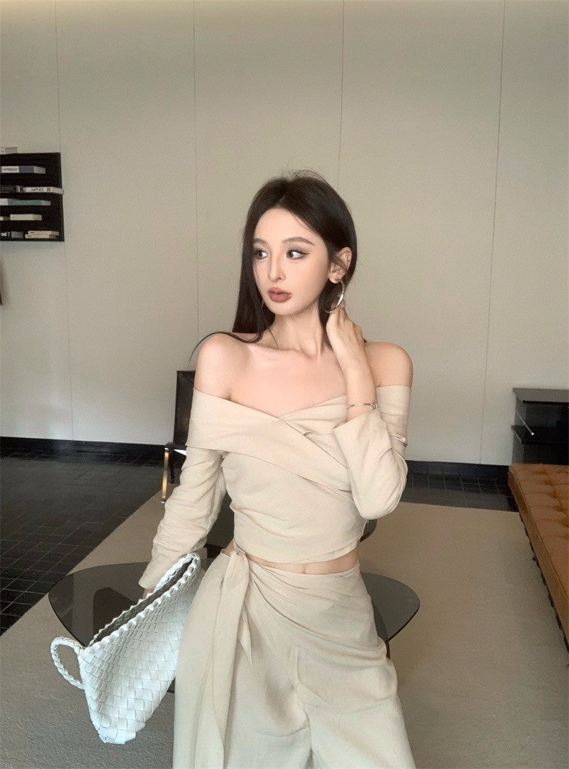 Jun. ER”高智菁英 時髦份子收腰綁帶休閒闊腿褲套裝 杏