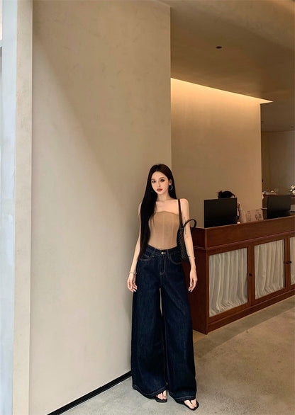 Jun. 古典攻略 魚骨曲線修身抹胸 卡 遮胯寬顯瘦高腰牛仔褲