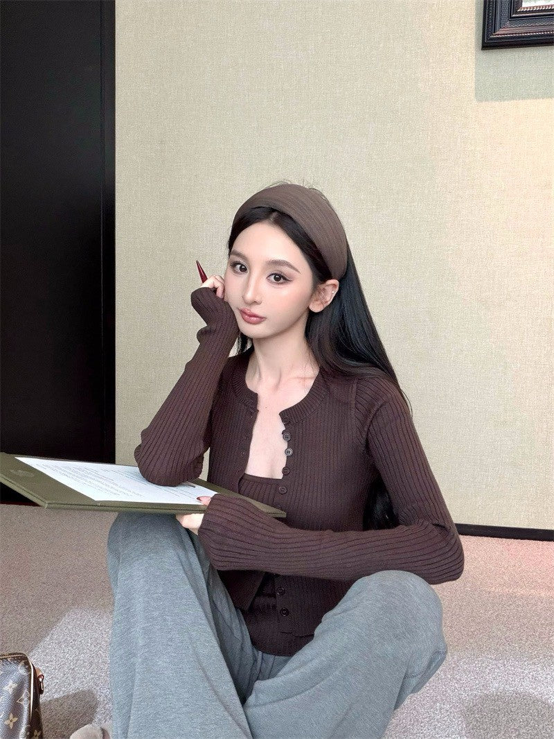 25Dec. 韻味熟女簡約針織上衣2件套 抽繩休閒褲 深暖系