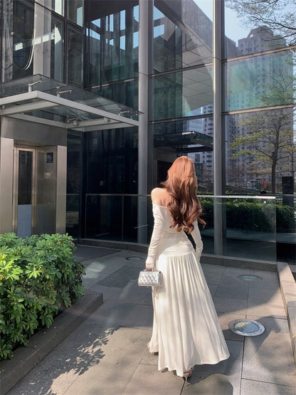 Mar. 香軟Crush 設計感一字領魚骨縷空上衣 褶皺飄逸半身裙 白/淡藍