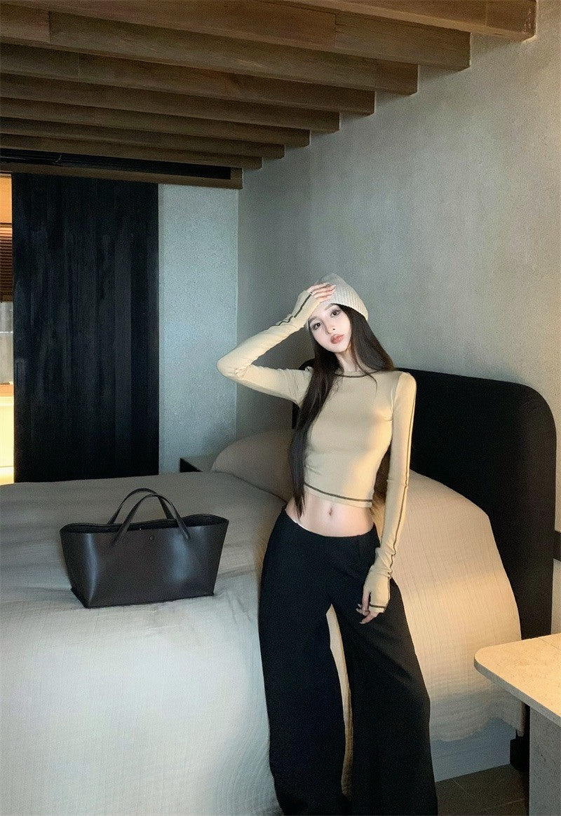 Jan. 休閒高圓領彈力明線設計感上衣 咖