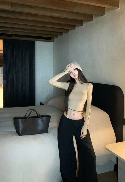 Jan. 休閒高圓領彈力明線設計感上衣 咖