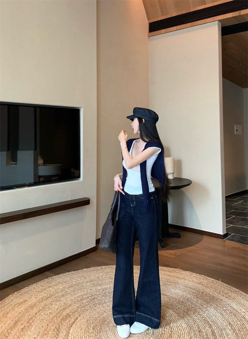 Jun. 時髦牛仔原色顯瘦喇叭褲 簡約藍色披肩