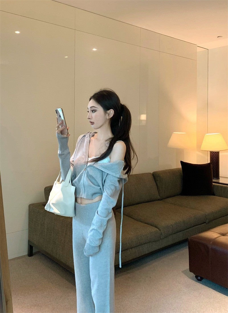 Mar. 飛航模式 基礎純色連帽針織休閒褲套裝 灰