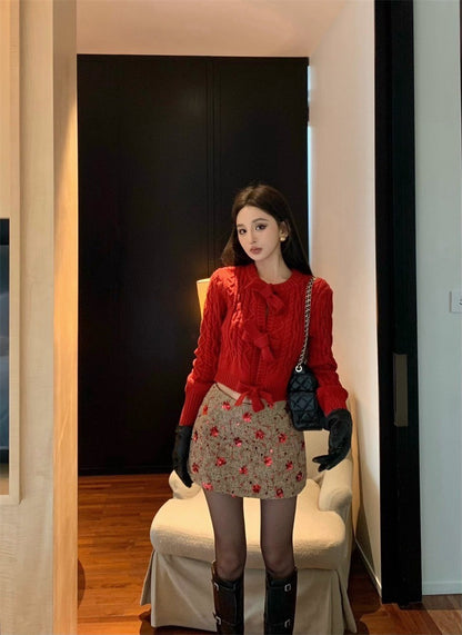 Feb. 一起過節 氛圍感重工蝴蝶結針織上衣 麻編亮片半身裙 紅