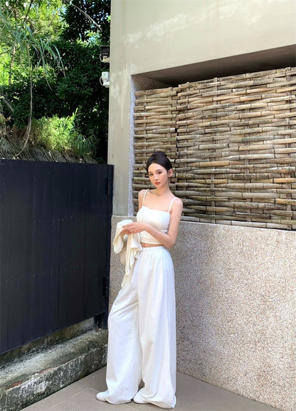 25Nov. 法式純欲感褶皺背心開衫2件組 休閒闊腿褲 米白色系