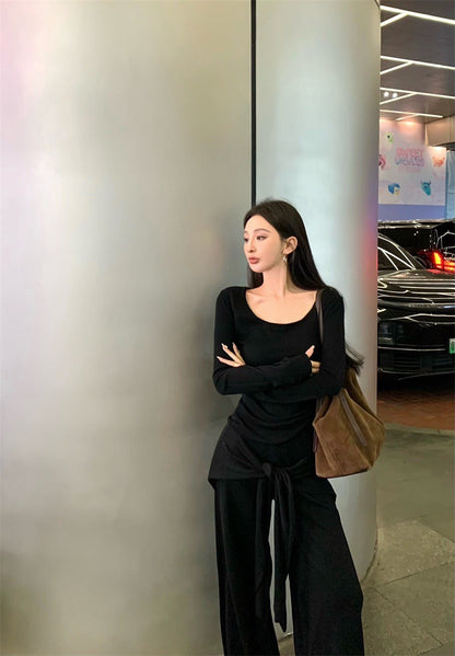 May. Lu系紙片系列 大U領上衣假兩件式綁帶休閒褲套裝 黑