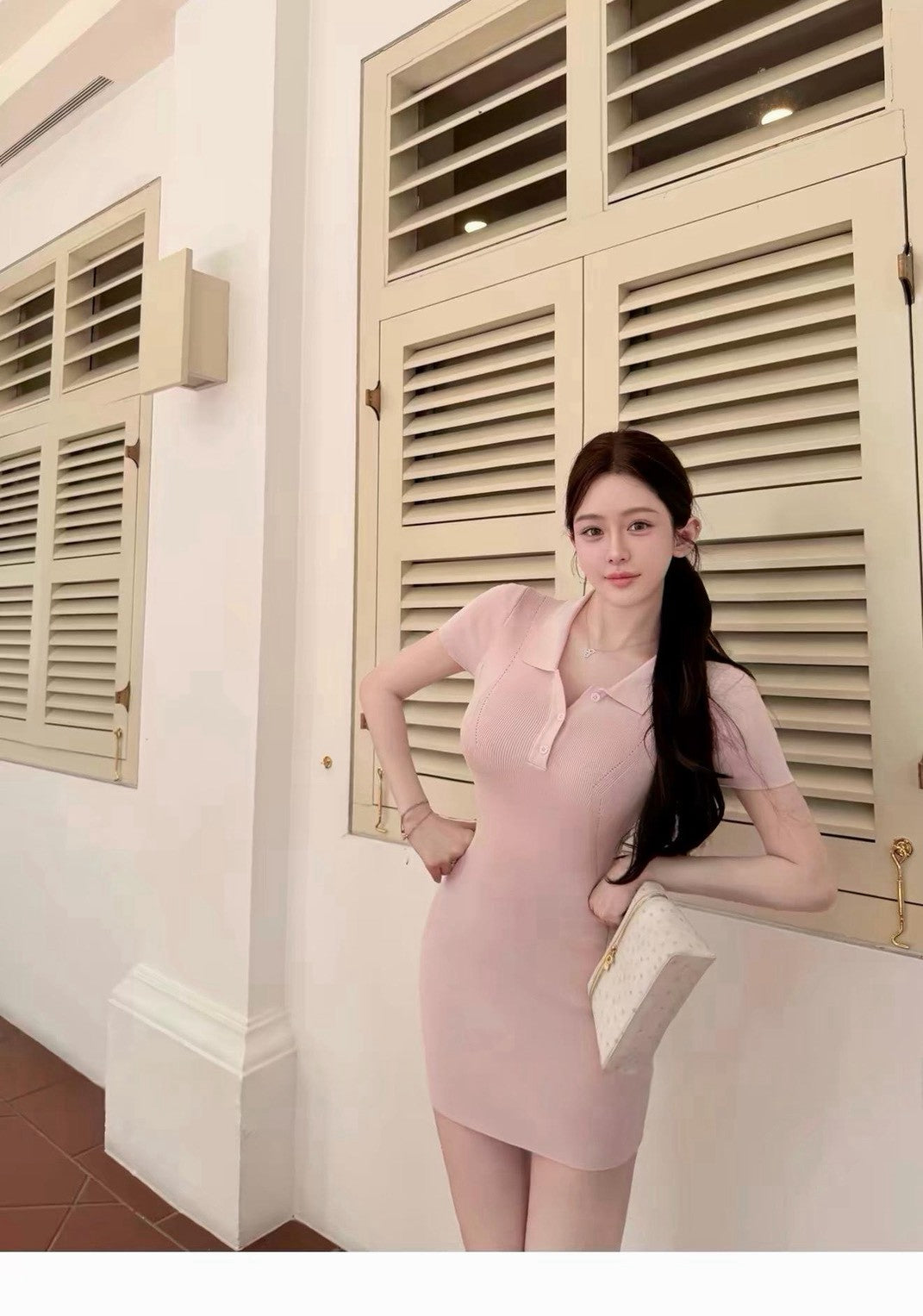 26Sep. 「員瑛少女粉」氣質polo領高彈針織包臀裙